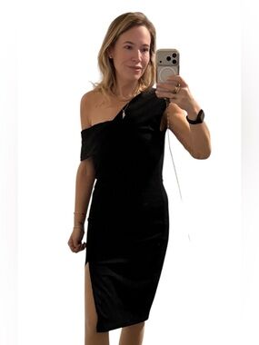 Michelle Mason One (Off The) Shoulder Black Midi Dress with Side Slit Sz S EUC